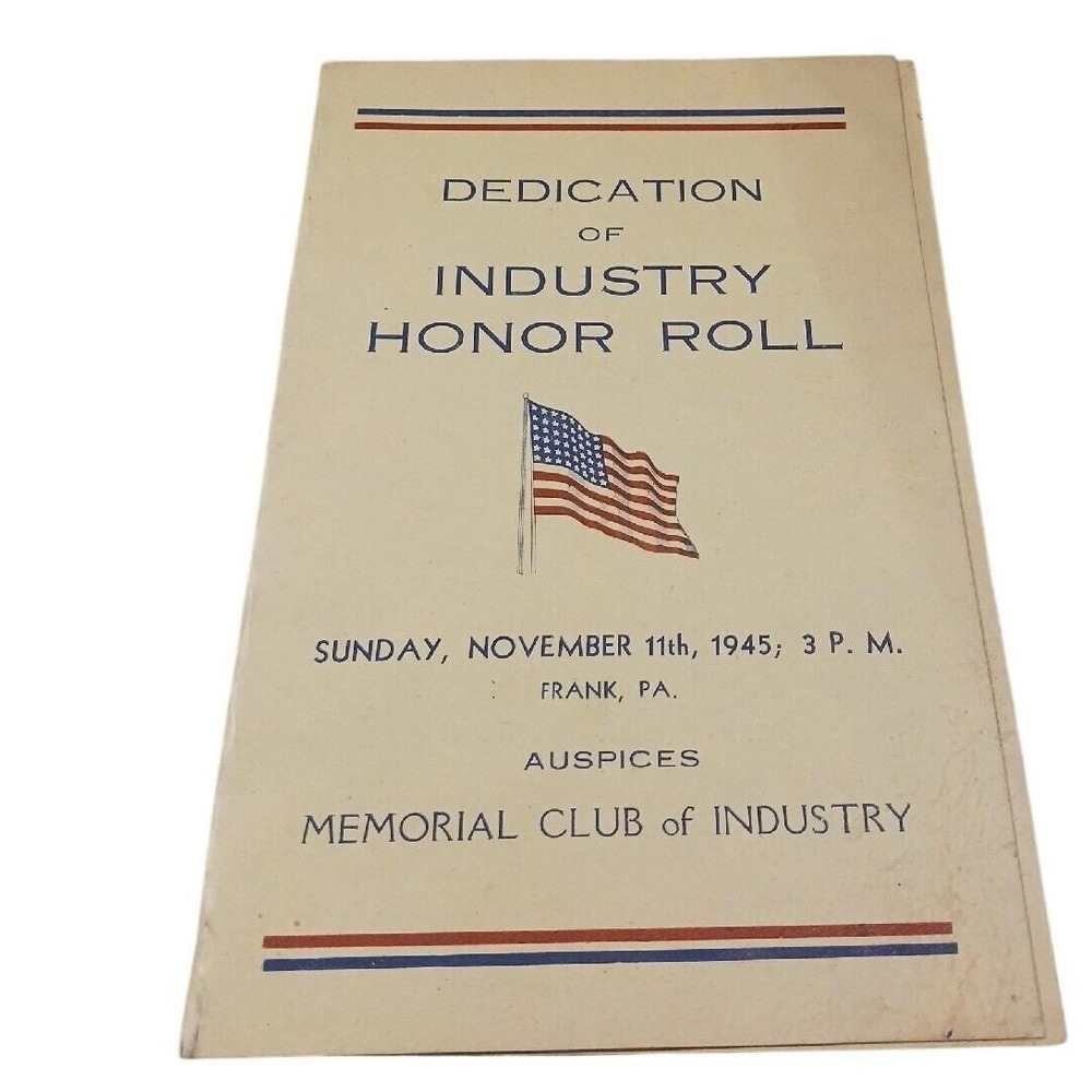 WWII 1945 Honor Roll Dedication Program Memorial Club Industry PA Veterans Day